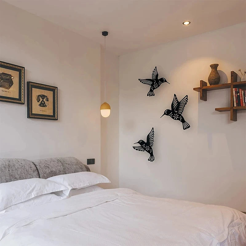 DDPNKL 3Pcs/Set Black Metal Hummingbird Wall Decor Hollow Out Iron Art Bird Sculpture Ornament Waterproof Hanging Figurines