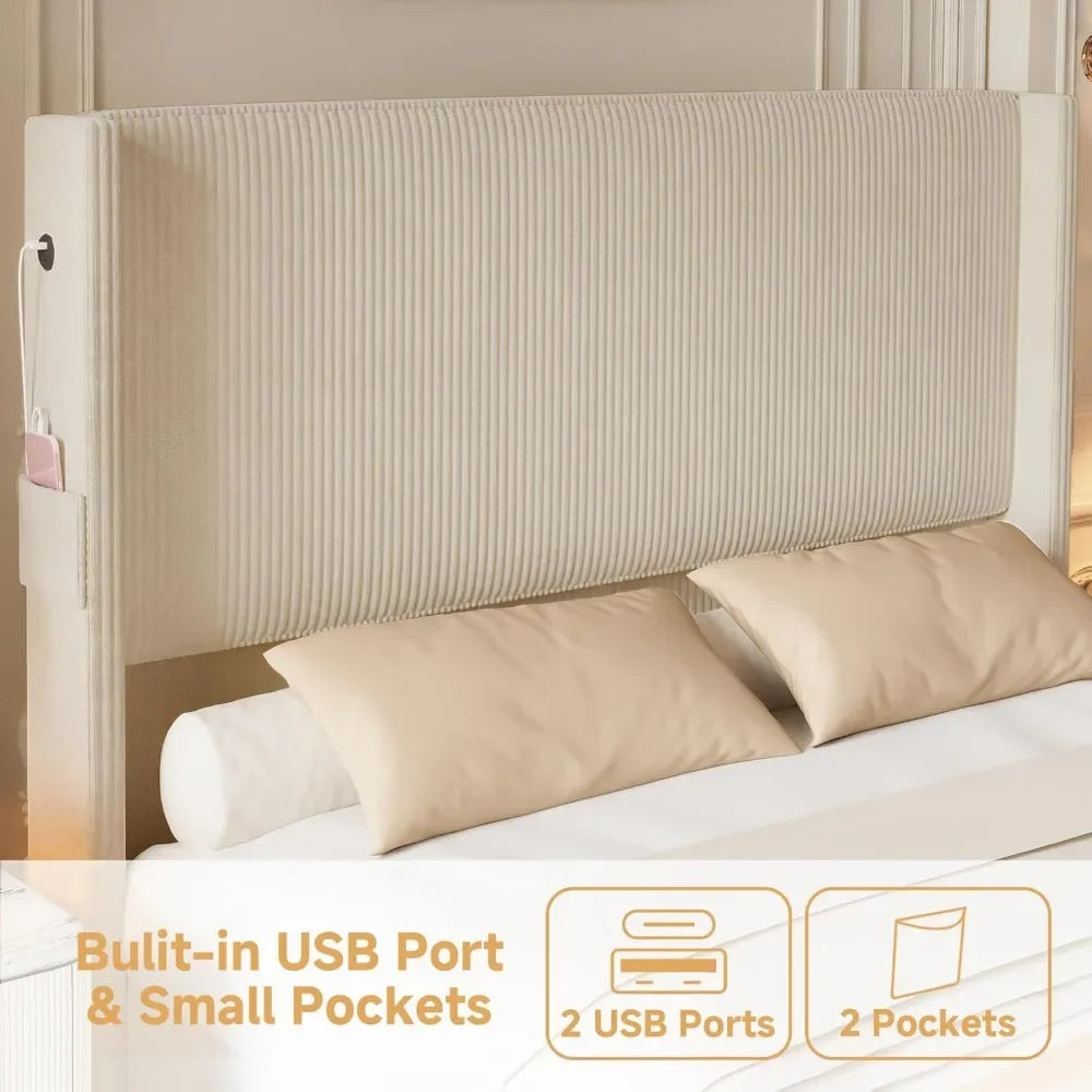 King Size Upholstered Bed Frame with USB Charging Ports - Tall Wingback Headboard & Footboard, Easy Assembly Design