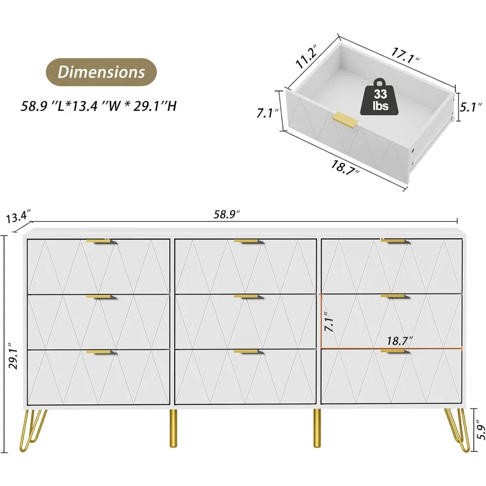 White 9 Drawer Dresser for Bedroom with Deep Drawers, Wood Dressers & Chest of Drawers with Gold Handles, Modern Long Dressers