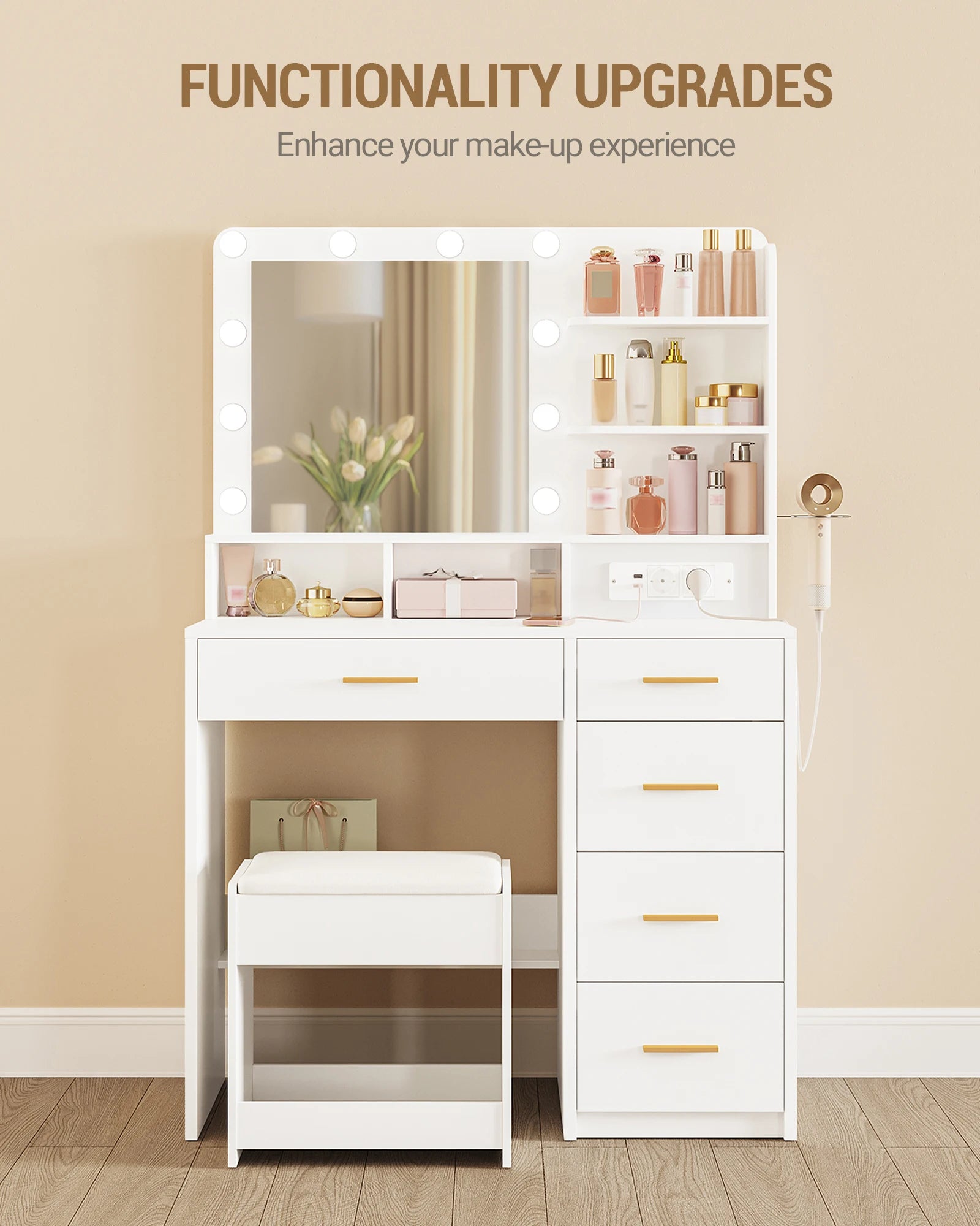 Dressing Table with 10 LED Light Balls, 3 Colors, Dressing Table with Plug and Large Mirror, Stool and Hairdryer Holder, White