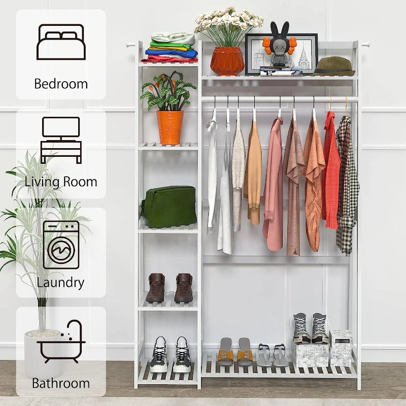 Bamboo Garment Rack with Shelves, Clothing Rack for Hanging Clothes, Freestanding Closet Organizer for Living Room Bedroom