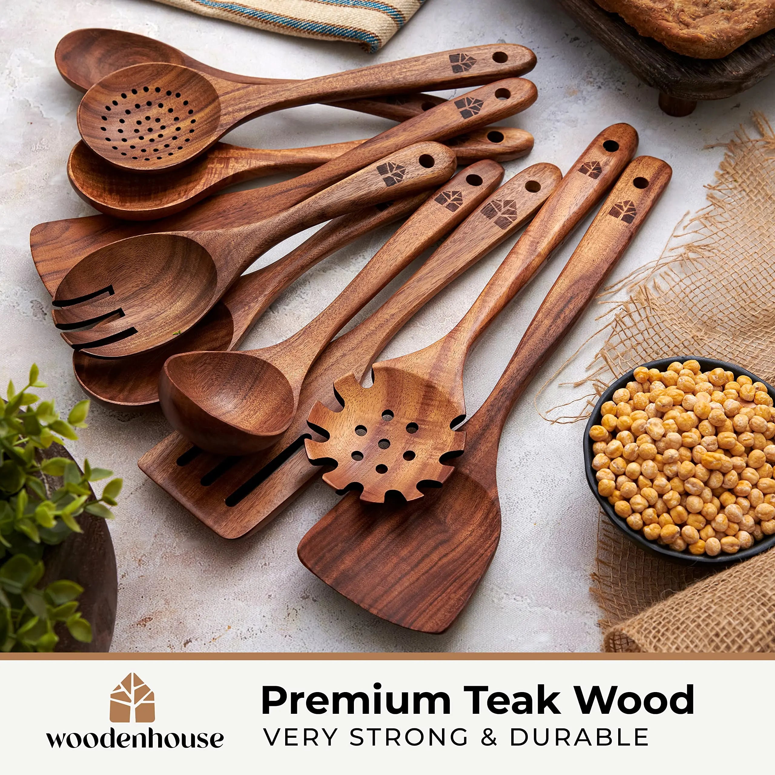 Natural Teak Wooden Kitchen Utensil Set - Comfort Grip Cooking Spoons and Utensils Holder