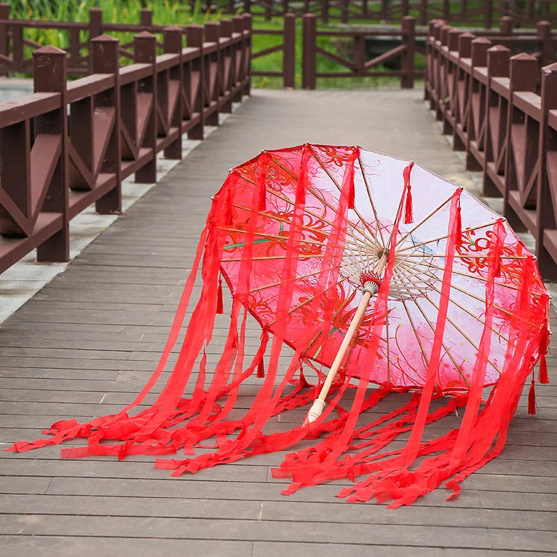 82cm Pink Flowers Silk Decorative Umbrella Han Cos Props Tassel Umbrella Ancient Chinese Classic Oil Paper Parasol