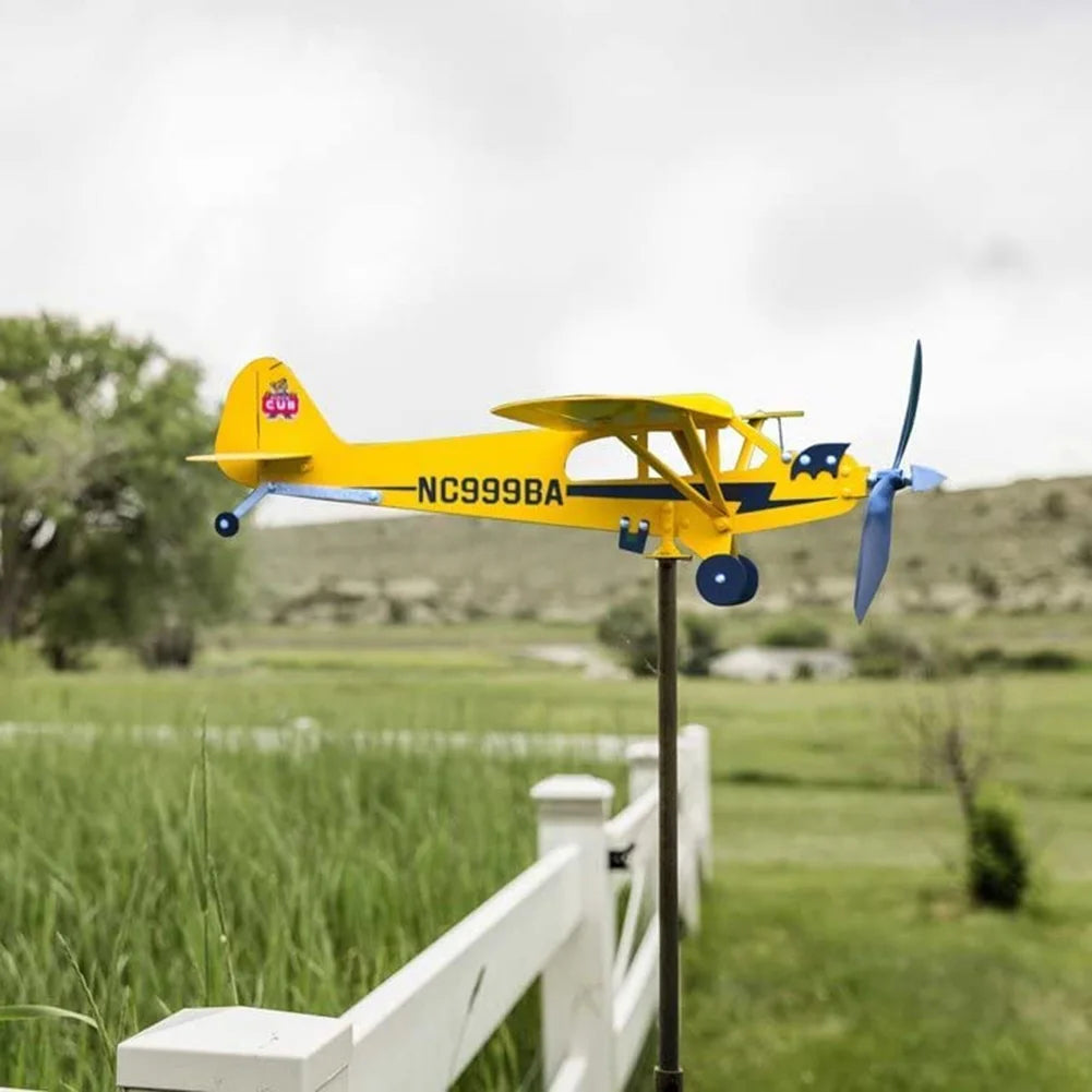 3D Piper J3 Cub Wind Spinner Plane Metal Airplane Weather Vane Outdoor Roof Wind Direction Indicator WeatherVane Garden Decor
