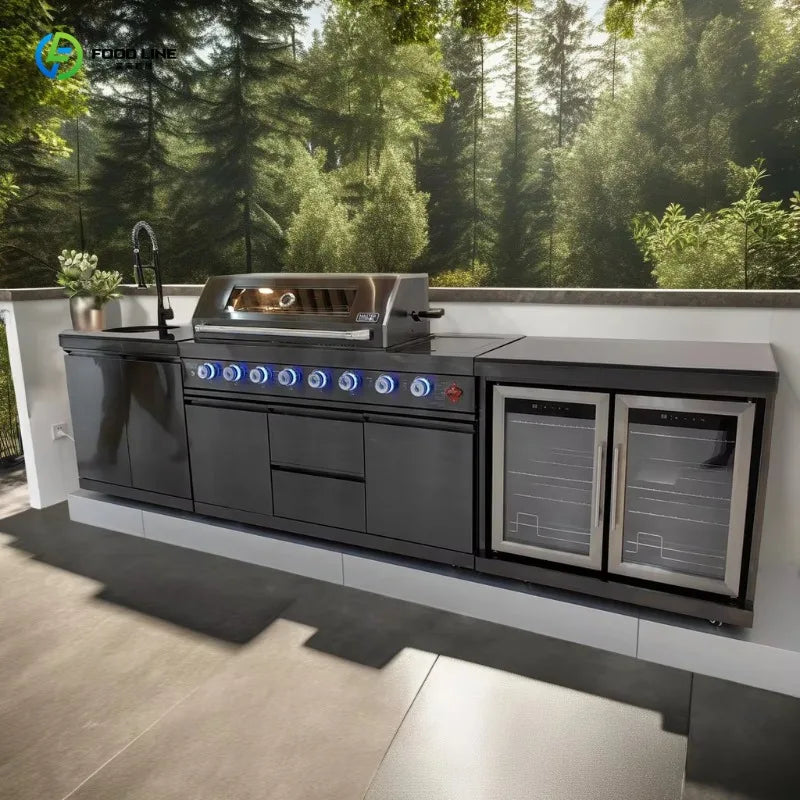 Customized Luxury Outdoor Kitchen Granite Garden Stainless Steel Waterproof Heavy Duty Gas BBQ Full Kitchen Cabinet Frame