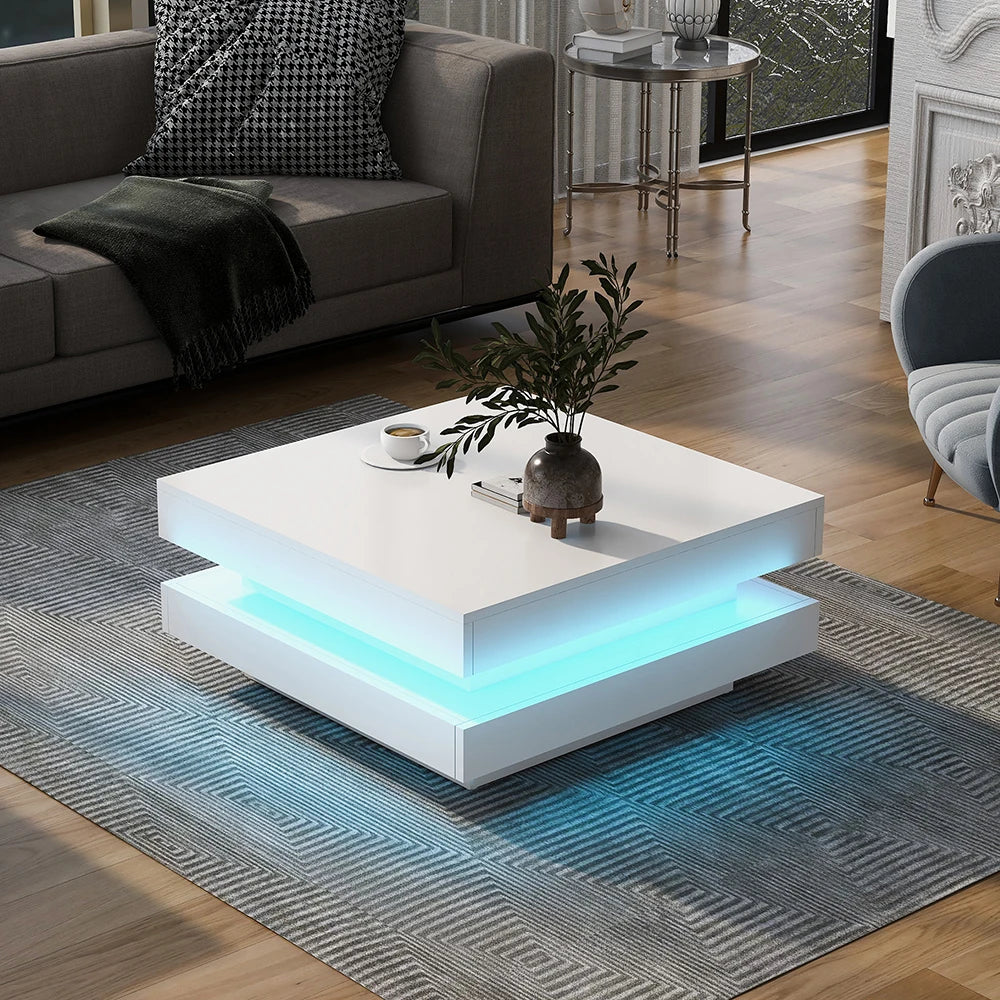 KOMHTOM Square coffee table table in White Modern Technological Style With Bluetooth LED Strip