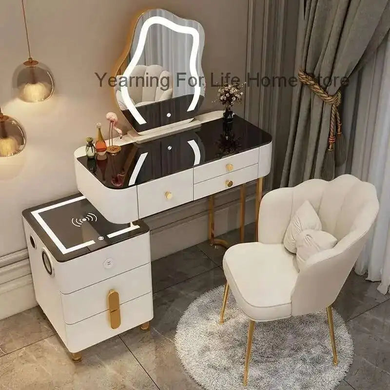 Luxury Glass Dressing Table with Smart Wireless Charging Bedroom Vanity Nightstand Makeup Table Drawers with Led Mirror Dresser