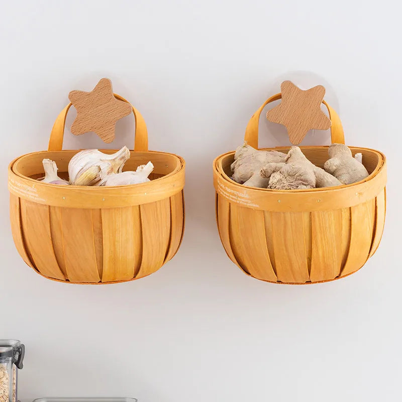 Kitchen Hanging Garlic Storage Basket Rattan Organizer Ginger Onion Vegetable Basket Wall Mounted Cabinet Door Hanging Bin