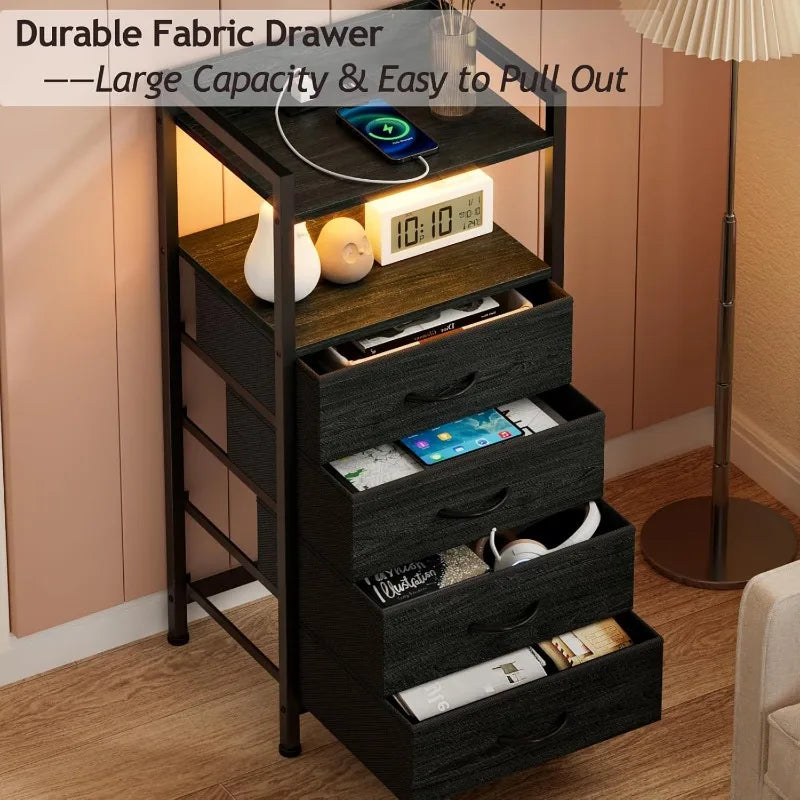 Night Stand with Charging Station, Black Nightstand with Drawers and Led Light, Tall Dresser for Bedroom, Bedside Table