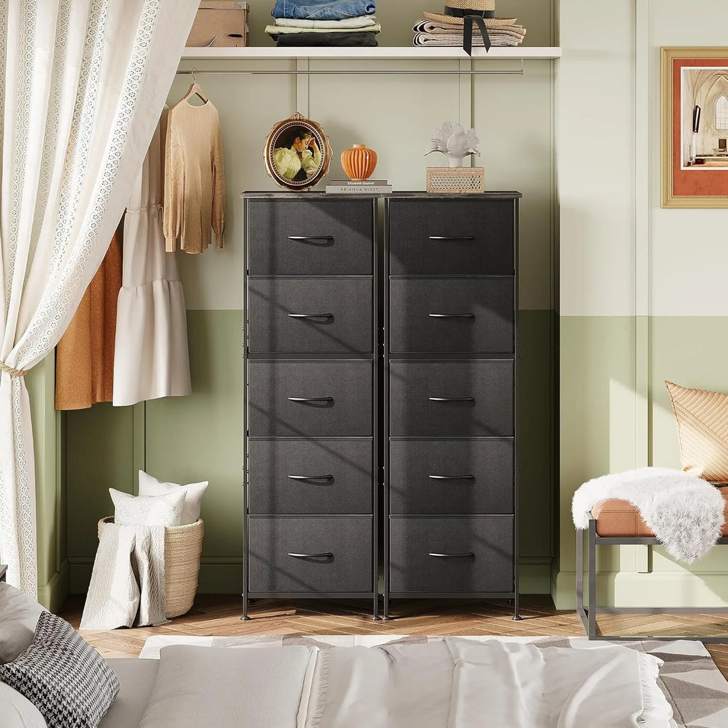 Fabric Dresser, 5-Drawer Tall Dresser for Bedroom, Storage Dresser Organizer with Fabric Bins, Wood Top, Sturdy Steel Frame