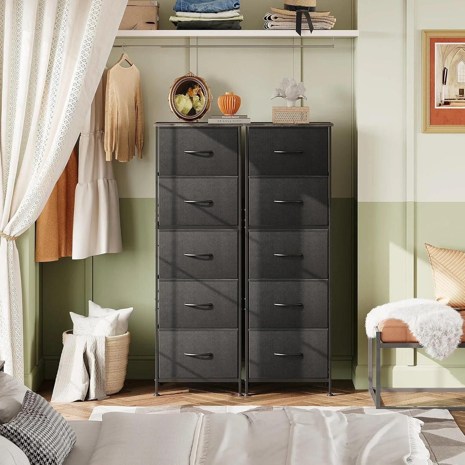 Fabric Dresser, 5-Drawer Tall Dresser for Bedroom, Storage Dresser Organizer with Fabric Bins, Wood Top, Sturdy Steel Frame