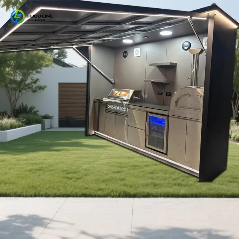 Customized smart closeable shed outdoor kitchen cabinet with sink refrigerator pizza oven and speaker for garden bar BBQ cooking
