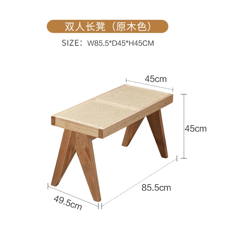 Handmade Rattan Bench with Wabi - Sabi Flair: Solid Wood, Multifunctional for Home & Shoe Storage