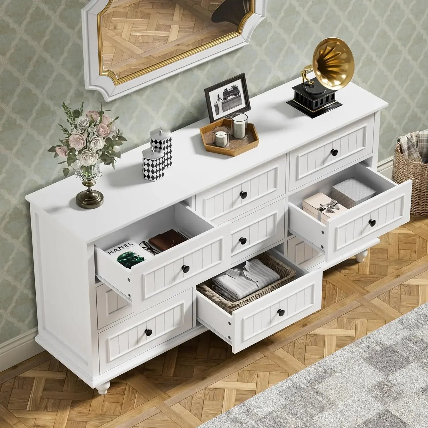 Scurrty White 9 Drawer Dresser, Antique Chest of Drawers,Large Cabinet with Storage, Big Dresser for Clothes in Bedroom