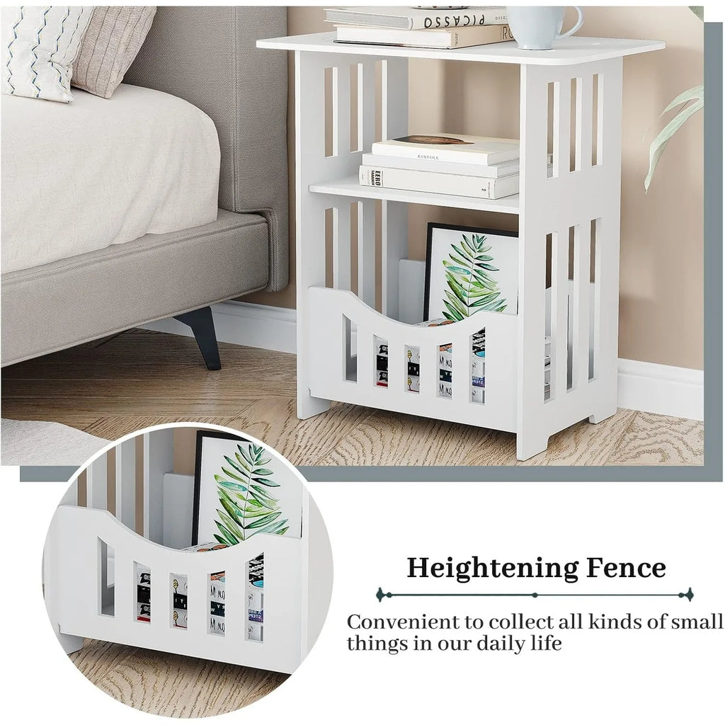 White Bedside Table B, Small End Table with Storage Shelf Basket, Side Table Small Spaces, Slim Coffee Tables, White Nightstand
