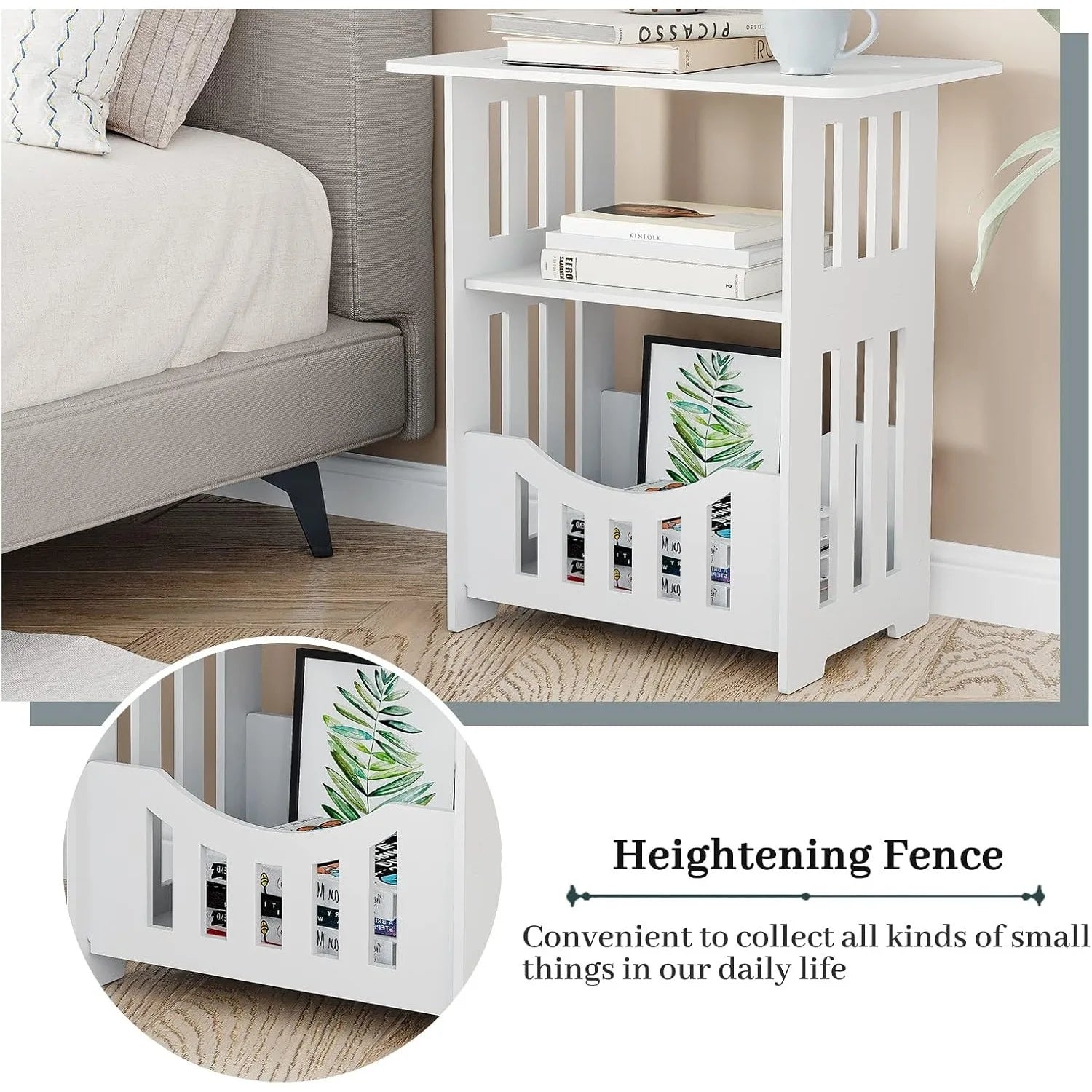 White Bedside Table B, Small End Table with Storage Shelf Basket, Side Table Small Spaces, Slim Coffee Tables, White Nightstand