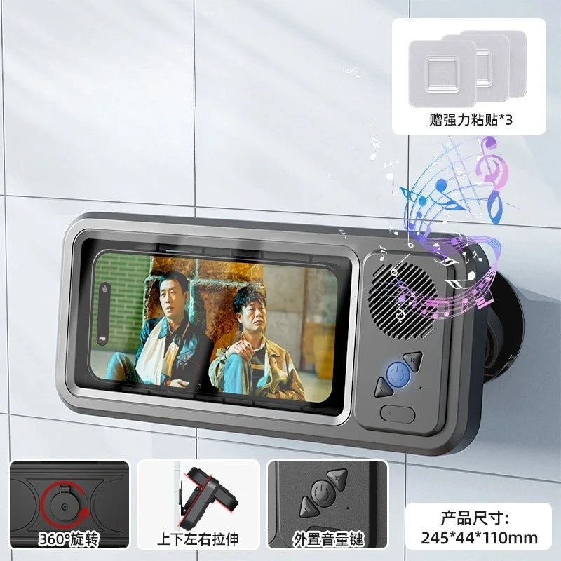 Creative Bathroom Waterproof Phone Case with Bluetooth Speaker Wall Mount Touch-screen Phone Holder Stand Anti-Fog for Showering