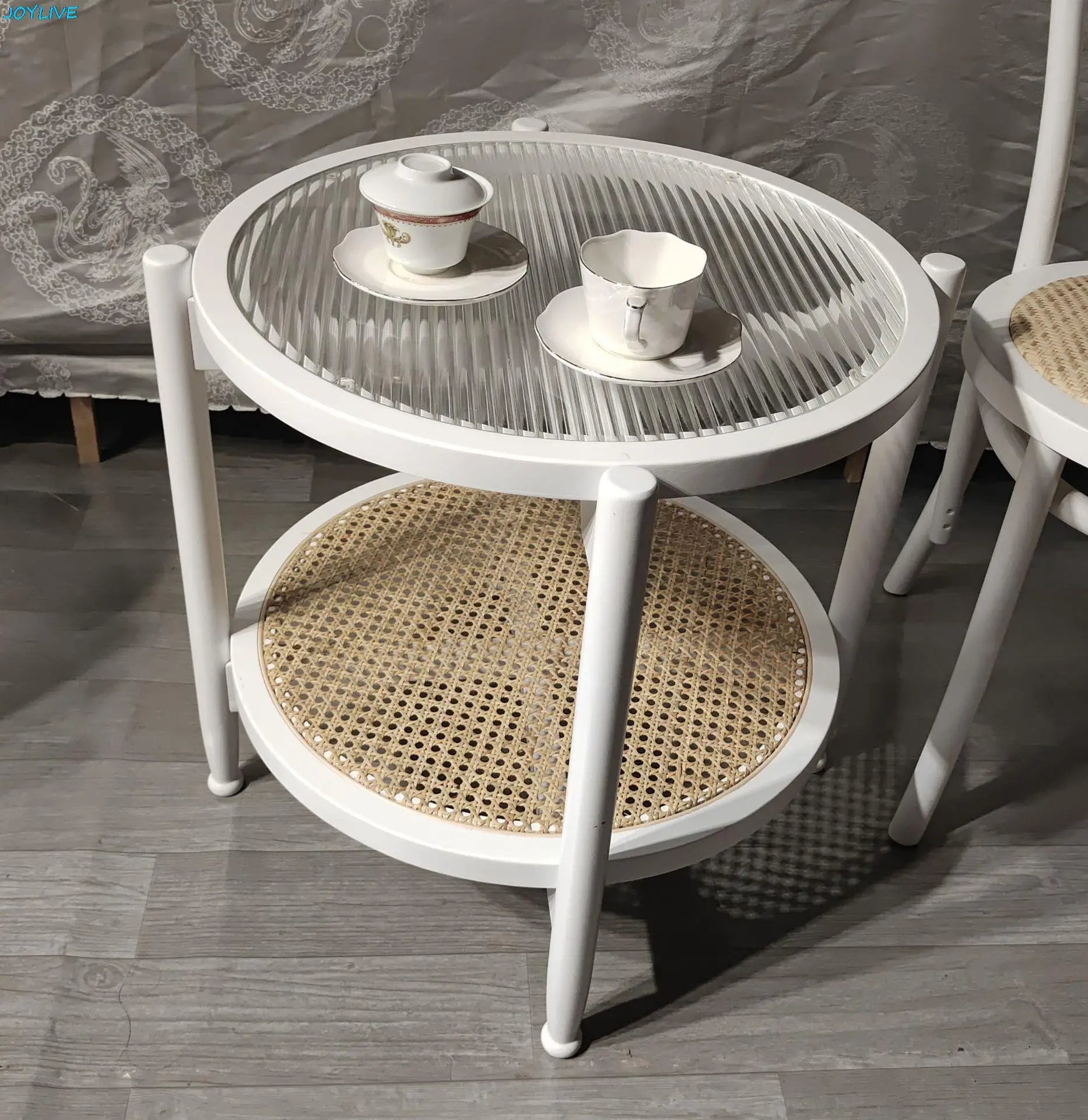 JOYLIVE Rattan Coffee Table Japanese Double Layer Detachable Solid Wood Table Glass Round Home Small Table 2022 New Dropshipping