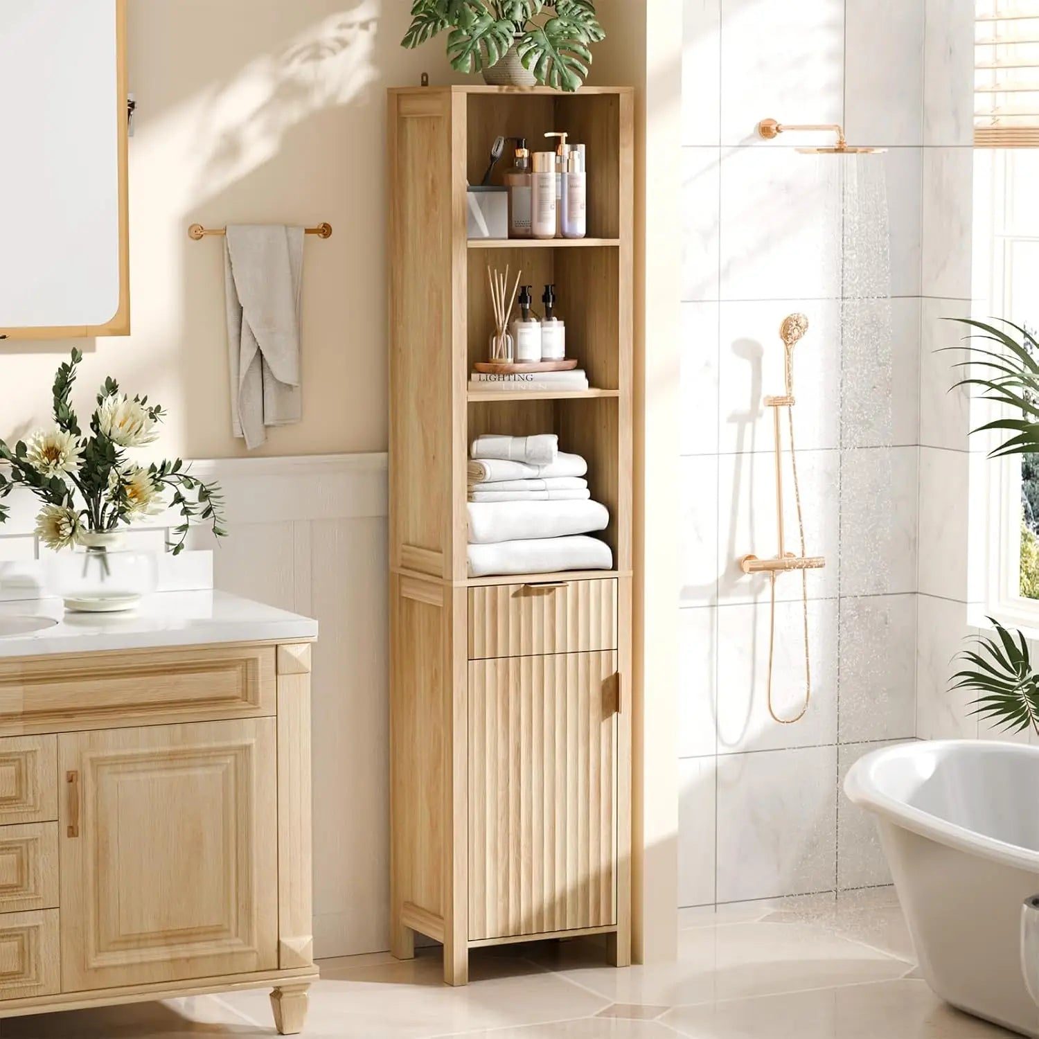 Fluted Bathroom Floor Storage Cabinet with Fluted Door 3 Drawers,Modern 12 Inch Deep Short Bathroom Storage Cabinet Organizer