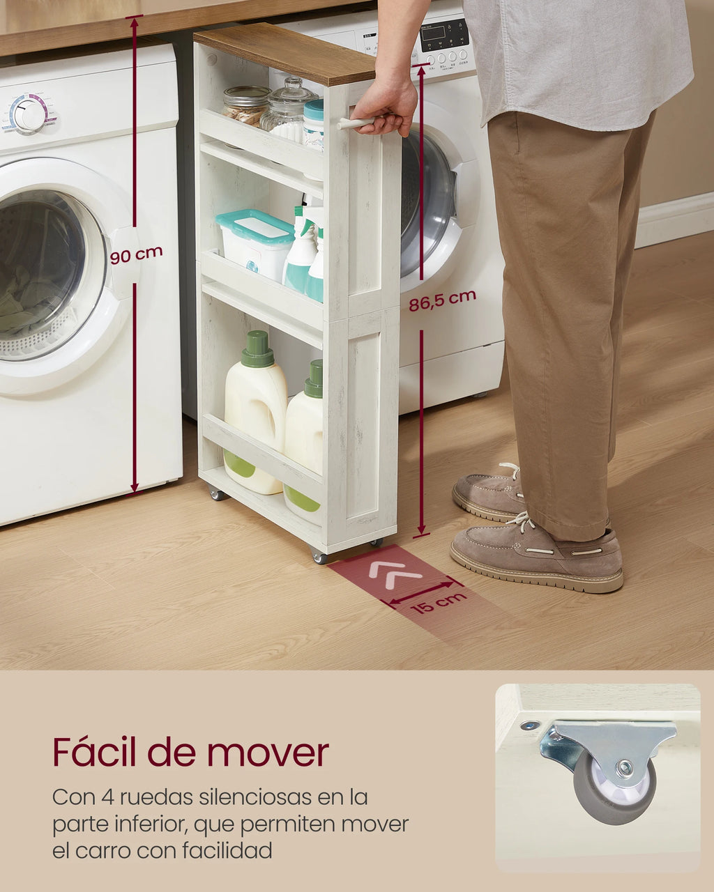 VASAGLE 4-Tier Slim Storage Trolley, Kitchen Trolley with Wheels, Handle, Small Space, 15 x 43.2 x 86.5 cm, Bathroom
