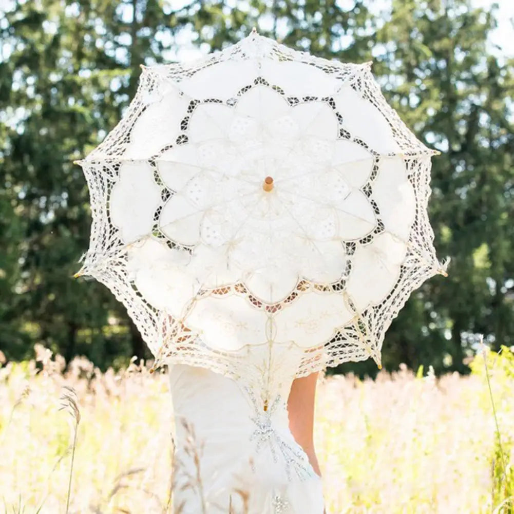 68cm  Embroidery Lace Parasol Umbrella Wedding Decoration Photo Prop Vintage White Palace Craft Lace Umbrella Anti-UV Sunshade