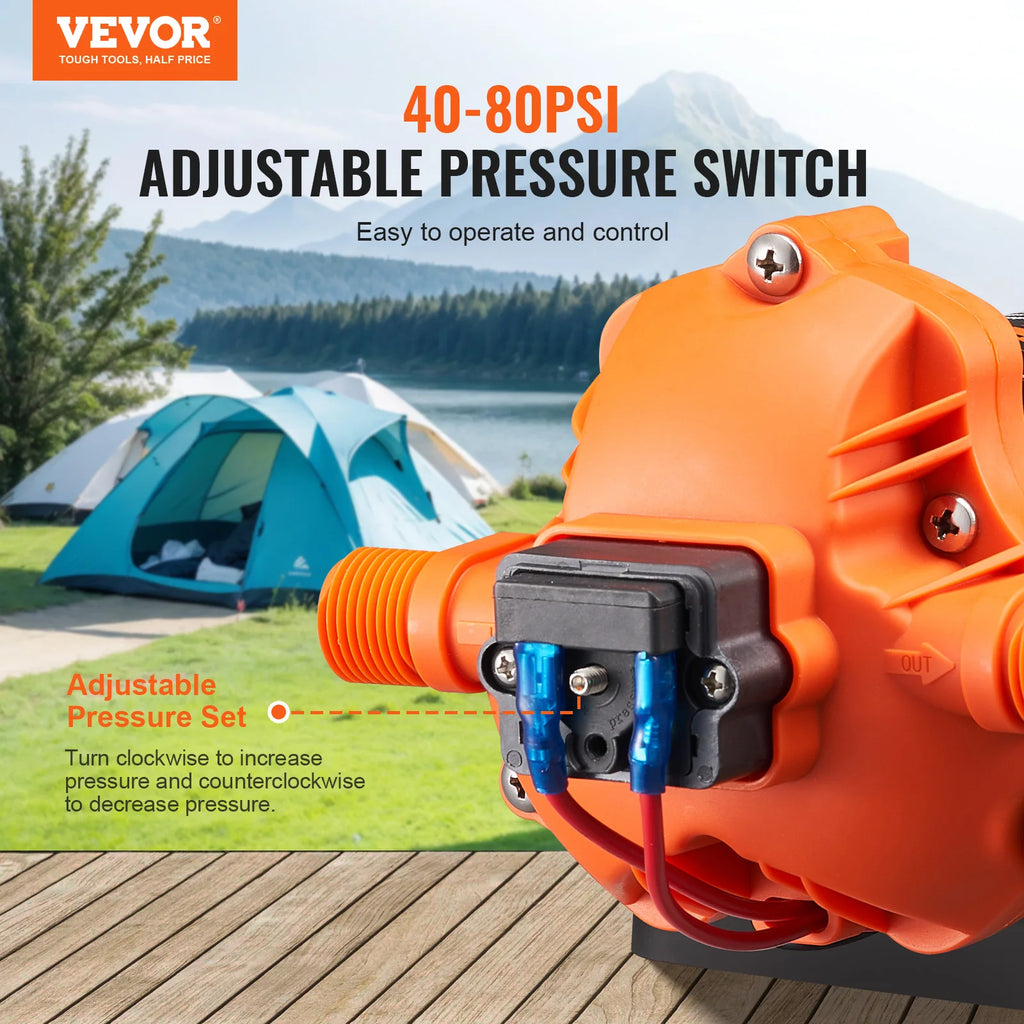 VEVOR 12V Diaphragm Pump 1.8/3/3.5/5 GPM 3/4/5-Chamber 40-100 PSI Adjustable 1/2'' MNPT Port for RV Yacht Food Truck Camper