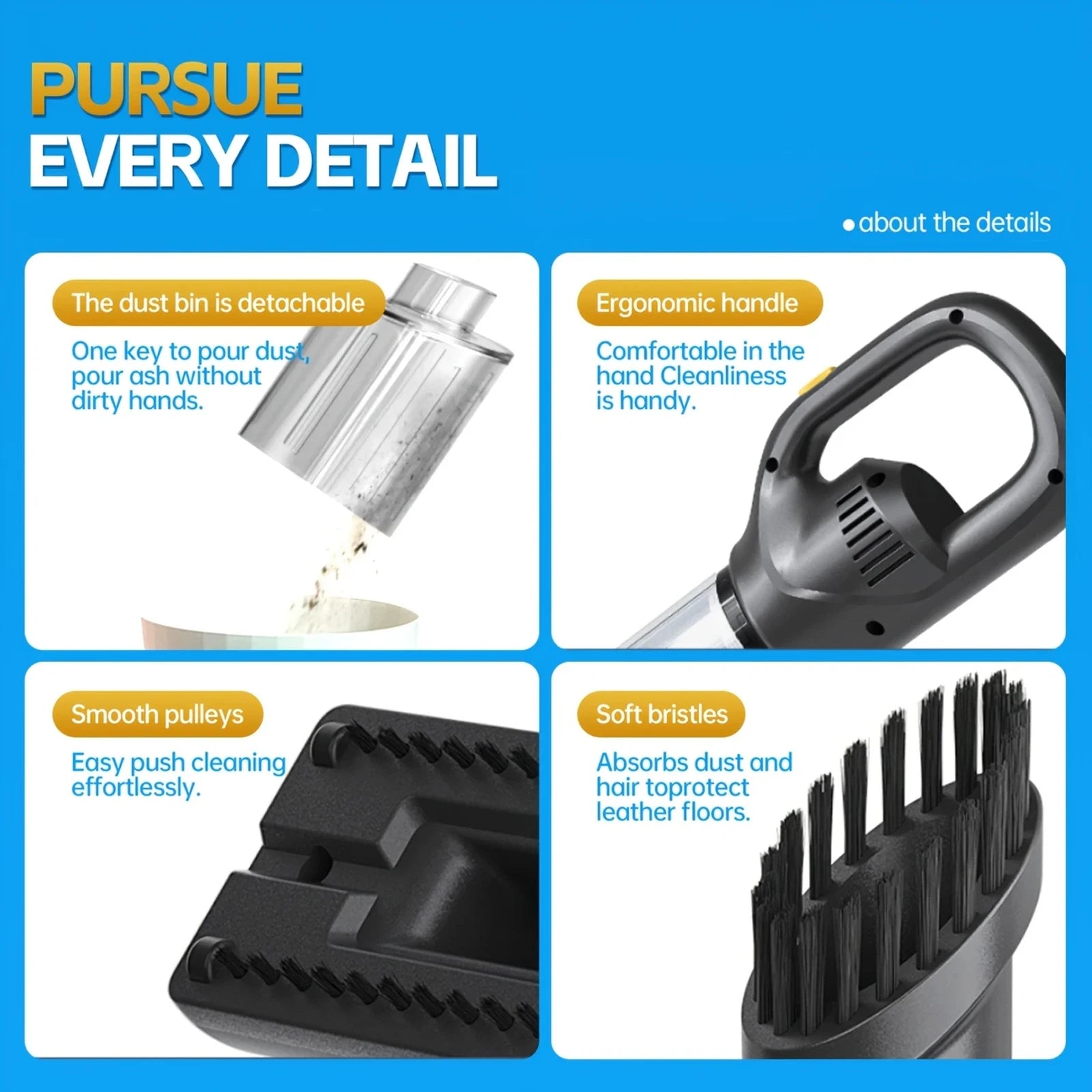5KPa Cordless Mini Vacuum ， Rechargeable for Pet Hair, Dust in Home, Car & Office. Strong Suction for Sofa & Auto Detailing