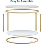 White Marble Round Coffee Table with Glass for Living Room, 2-Tier Circle Coffee Table with Storage Clear Coffee Table