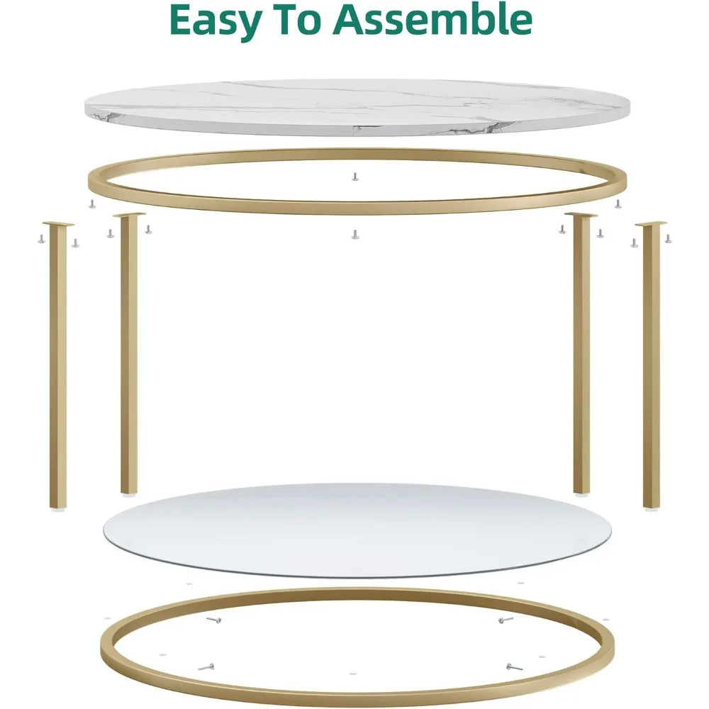 White Marble Round Coffee Table with Glass for Living Room, 2-Tier Circle Coffee Table with Storage Clear Coffee Table