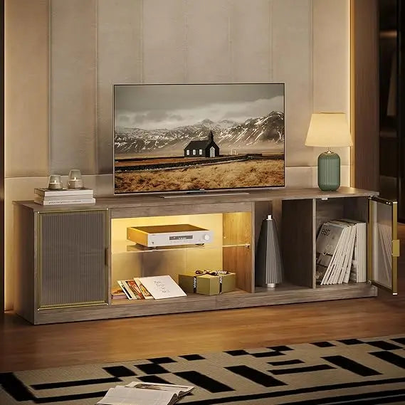 "80-Inch TV Capacity LED Entertainment Center with Adjustable Glass Shelves and Translucent Door Storage Cabinets"
