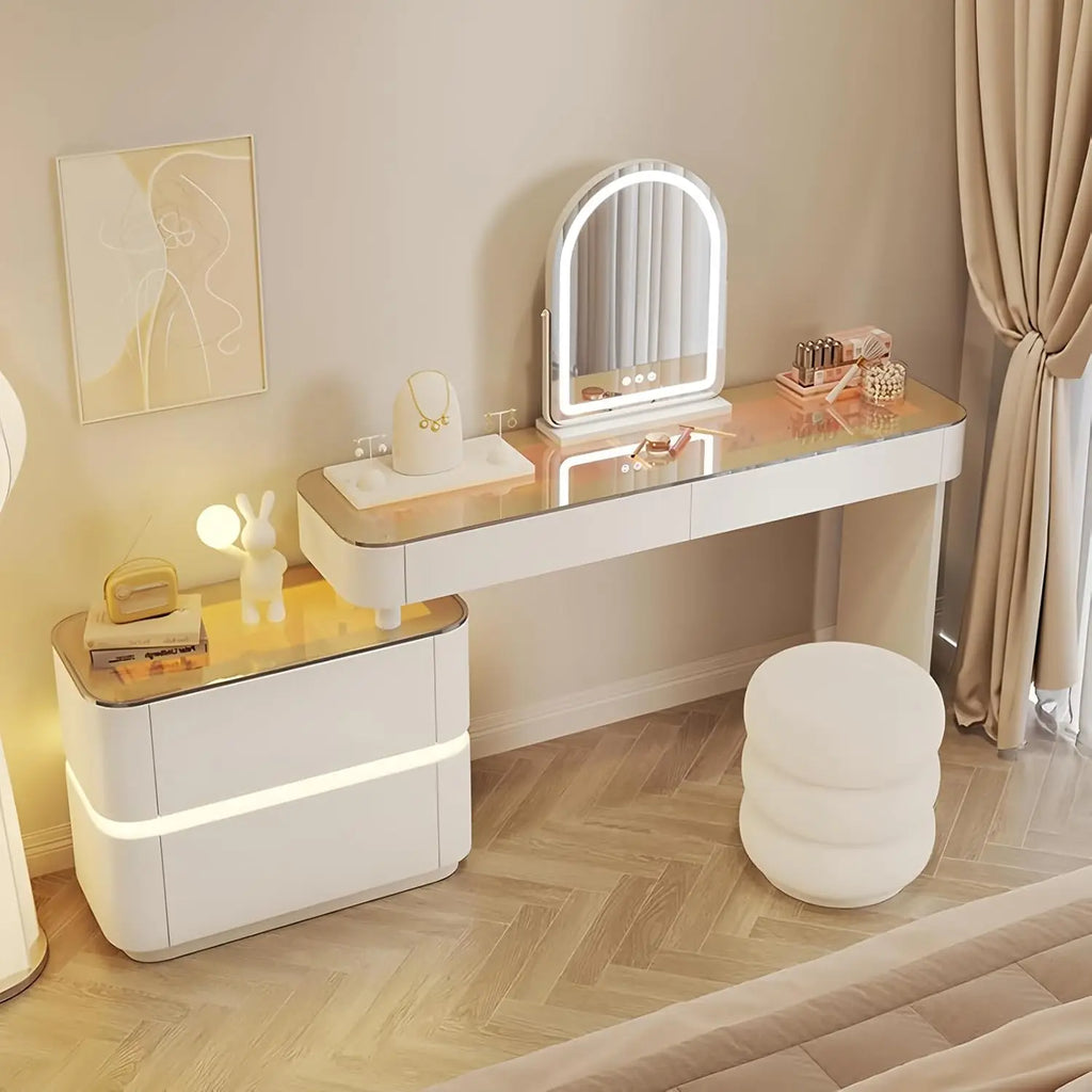 Vanity Set Solid Wood Vanities Desk with LED Smart Mirror and Drawers Modern Vanity Table with Glass Countertop and Makeup Stool
