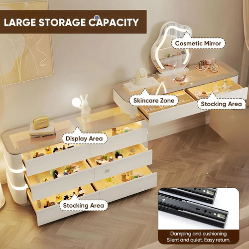 Vanity Set Solid Wood Vanities Desk with LED Smart Mirror and Drawers Modern Vanity Table with Glass Countertop and Makeup Stool