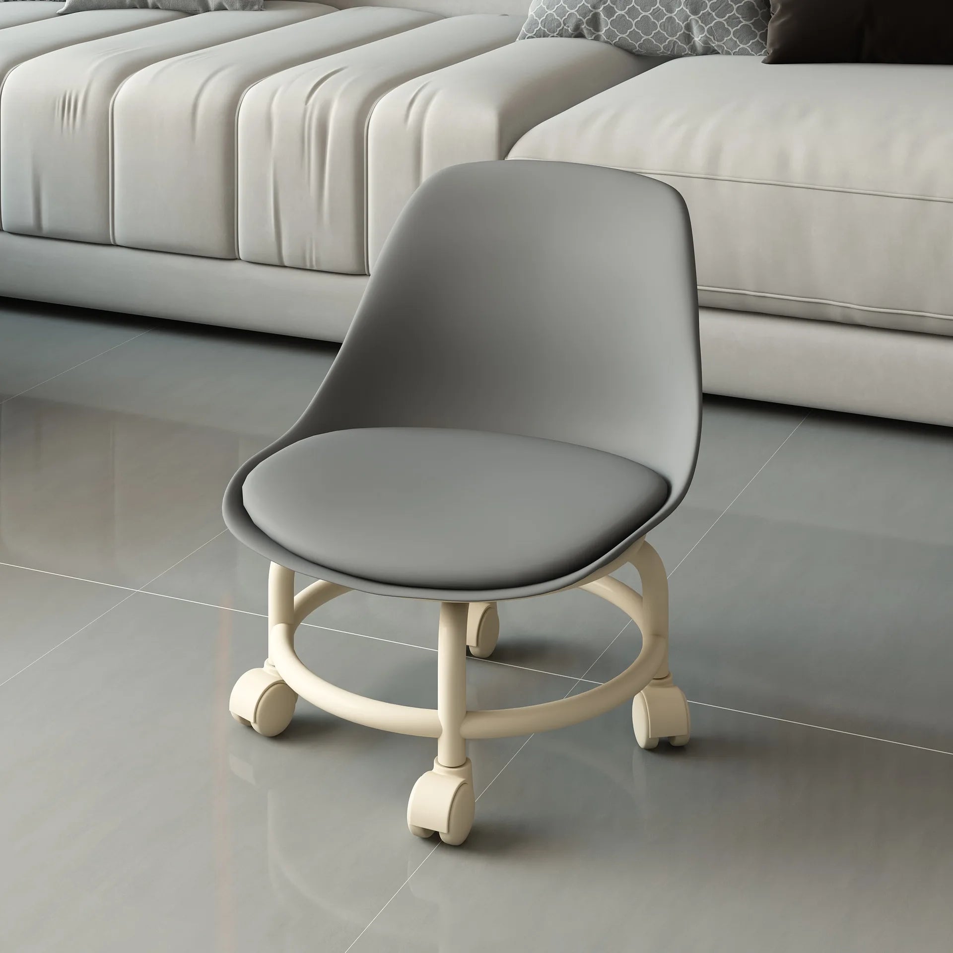 Universal Wheel Small Stool Waterproof Mobile Low Stools with Backrest Removable Seat Cushion Round Stool Household Accessories