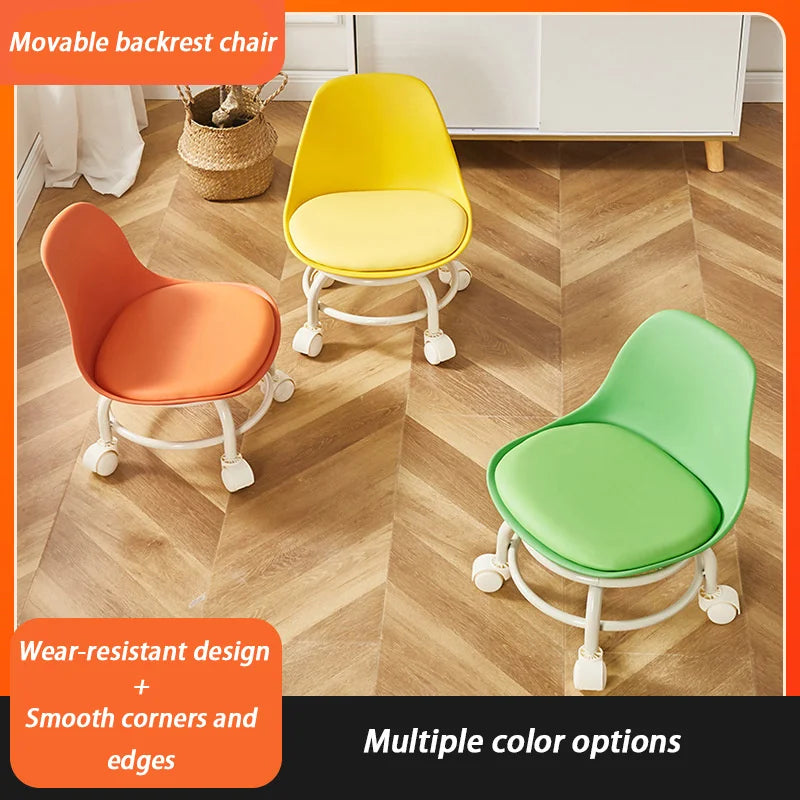 Universal Wheel Small Stool Waterproof Mobile Low Stools with Backrest Removable Seat Cushion Round Stool Household Accessories
