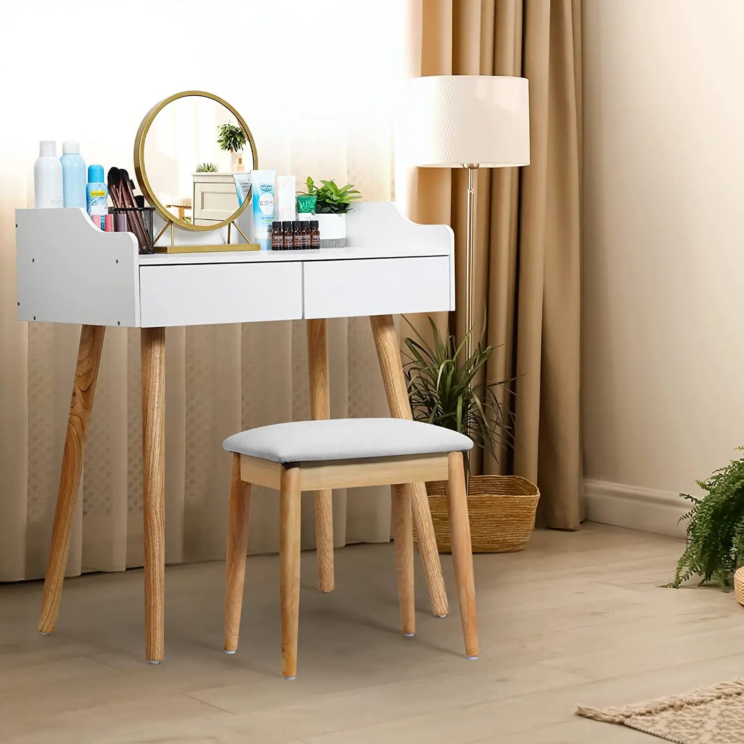 White Makeup Vanity Set with Mirror 2 Drawers Dressing Table for Bedroom
