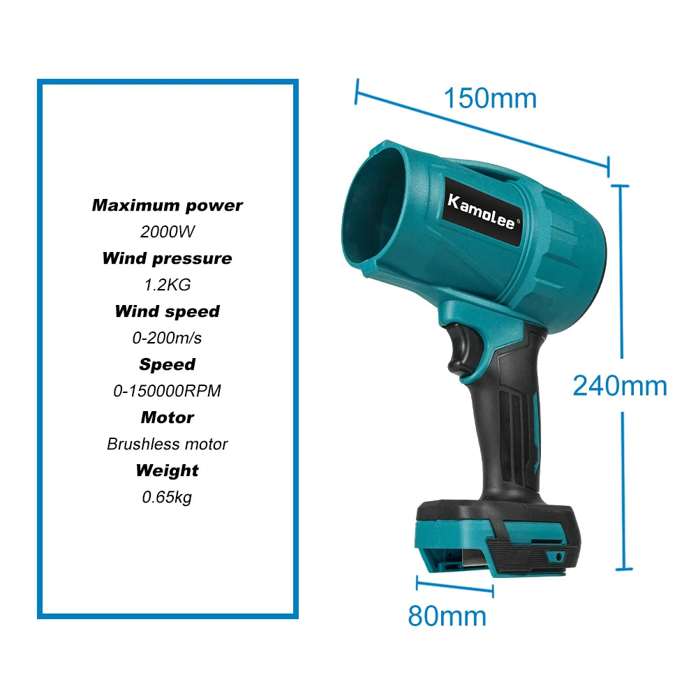 Kamolee Brushless 2000W Electric Turbo Blower Jet Fan 200M/S Car Dryer Handheld Dust Blowing Tool Apply to 18V 21V Battery