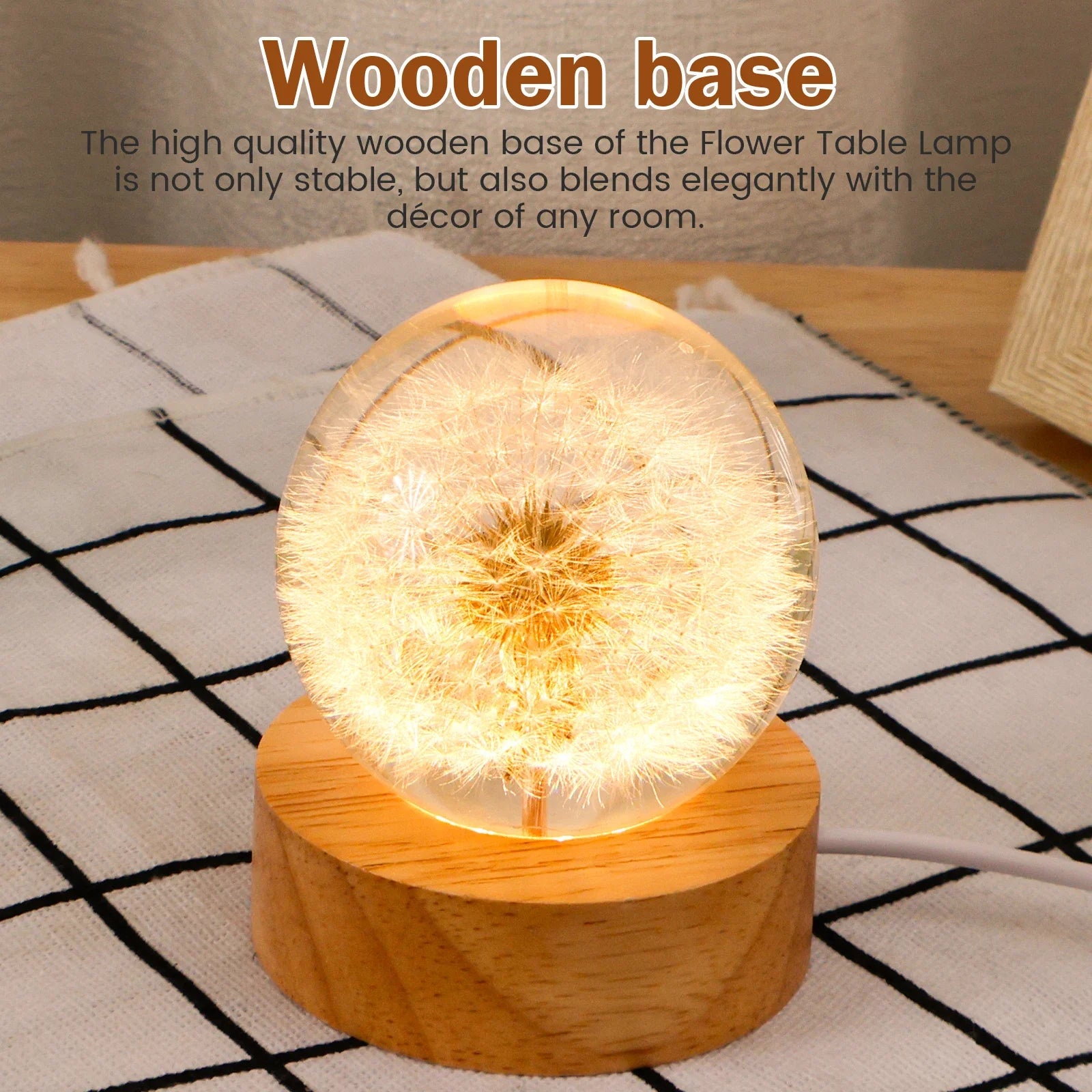 3D Dandelion Crystal Ball LED Night Light with Beech Wood Stand Preserved Flower Sphere Ball Resin Craft Home Decor Bithday Gift
