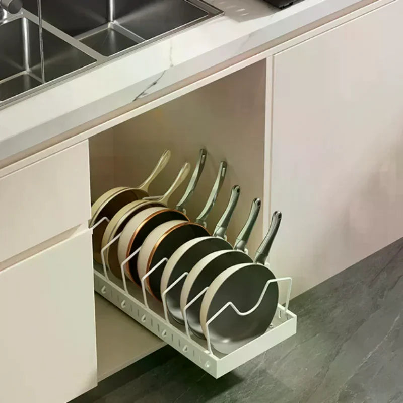 Pots And Pans Organizer Under Cabinet Sliding Pot Lid Storage Holder Kitchen Adjustable Slide Out Dish Pan Storage Rack Shelf