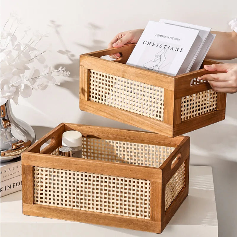 Kitchen Desktop Solid Wood Storage Box Retro Rattan Basket Book Snacks Cosmetics Organizer Home Appliance Bathroom Accessories