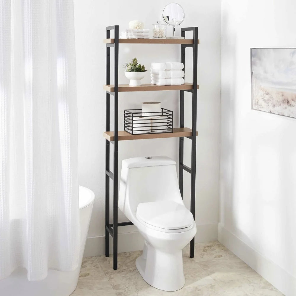 Over-the-Toilet Storage Rack 3-Shelf Adjustable Bathroom Organizer Metal Frame Natural Oak Shelves Space Saver Easy Assembly