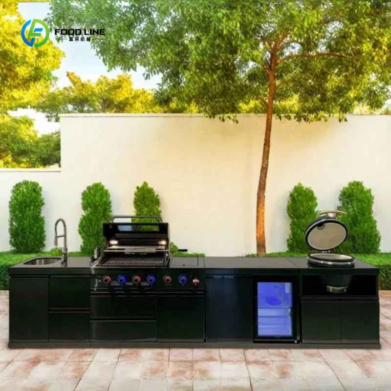Customized Black Titanium 304 Stainless Steel BBQ Island with Modular Design for Outdoor Kitchen Kamado BBQ Grill Sink Cabinet