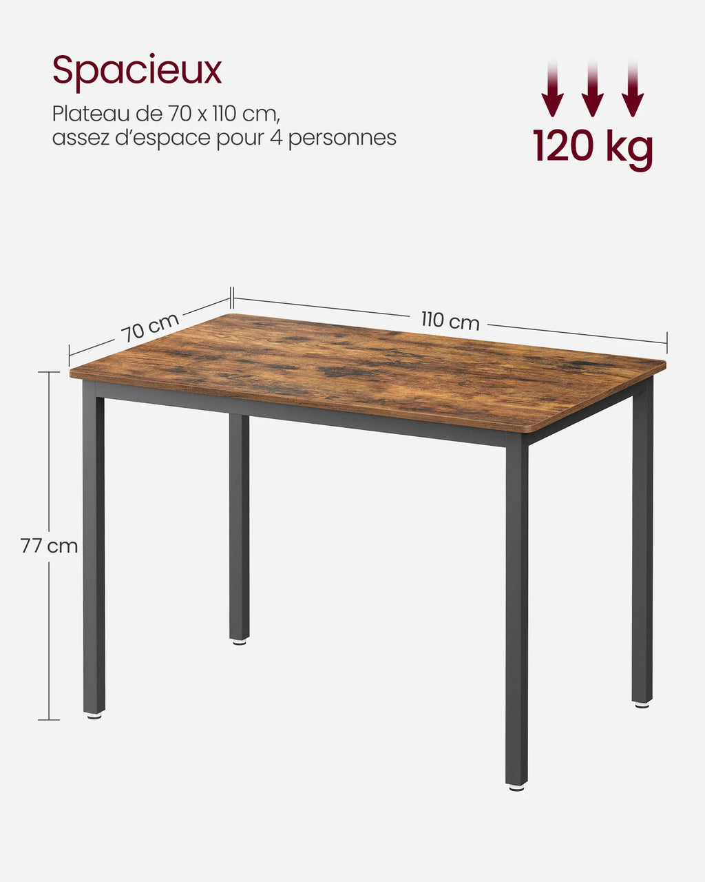 VASAGLE Dining Table, Kitchen Table, 70 x 110 x 77 cm, Dining Table for 4 People, Living Room Desk, for Dining Room, Kitchen