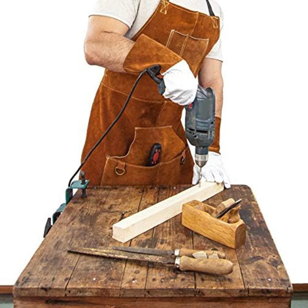 Cowhide Welding Apron Heavy Duty Apron Industrial Use Maximum Protection Tool Storage 6 Large Pockets Chest To Knees Coverage