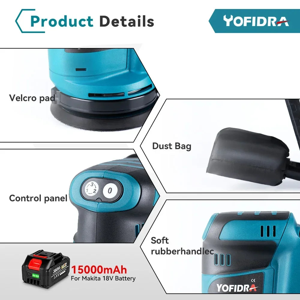 YOFIDRA 125mm Electric Orbital Sander 3 Speeds Adjustable Rechargeable Polishing Grinder Machine For Makita 18V Battery