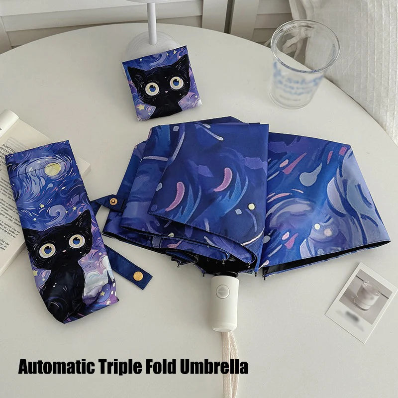 Cartoon Cat Purple Folding Umbrella Professional Sun Protection And UV Protection Umbrella Dual use of Rain and Sunny Automatic