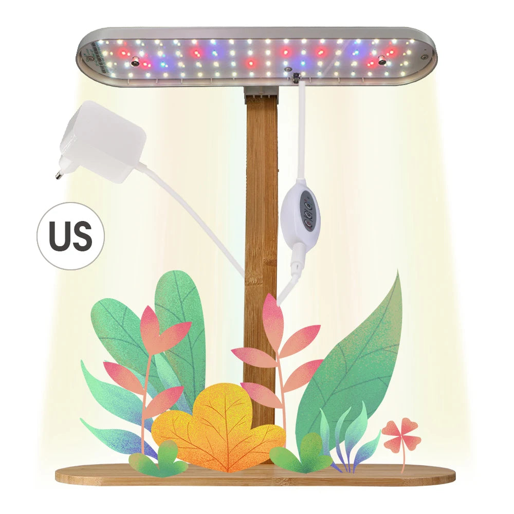 Auto Timer Plant Grow LED Grow Lights Bamboo Tray Stake Adjustable Height 4 Dimmable Brightness Hydroponics System Indoor Garden