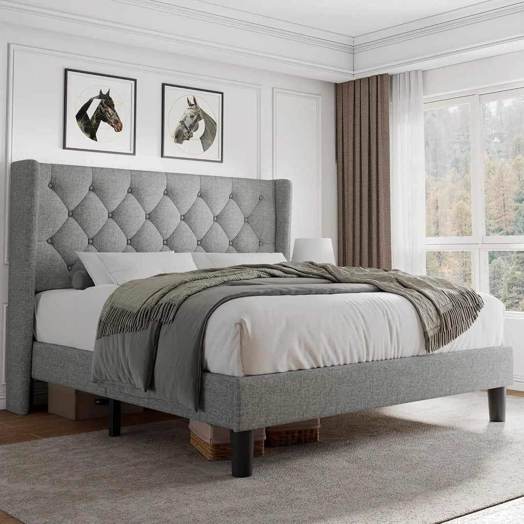 Velvet Platform Bed Frame with Button Tufted Headboard, Upholstered Bed Frame with Solid Wooden Slats, 8" Underbed Space