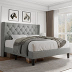 Velvet Platform Bed Frame with Button Tufted Headboard, Upholstered Bed Frame with Solid Wooden Slats, 8" Underbed Space