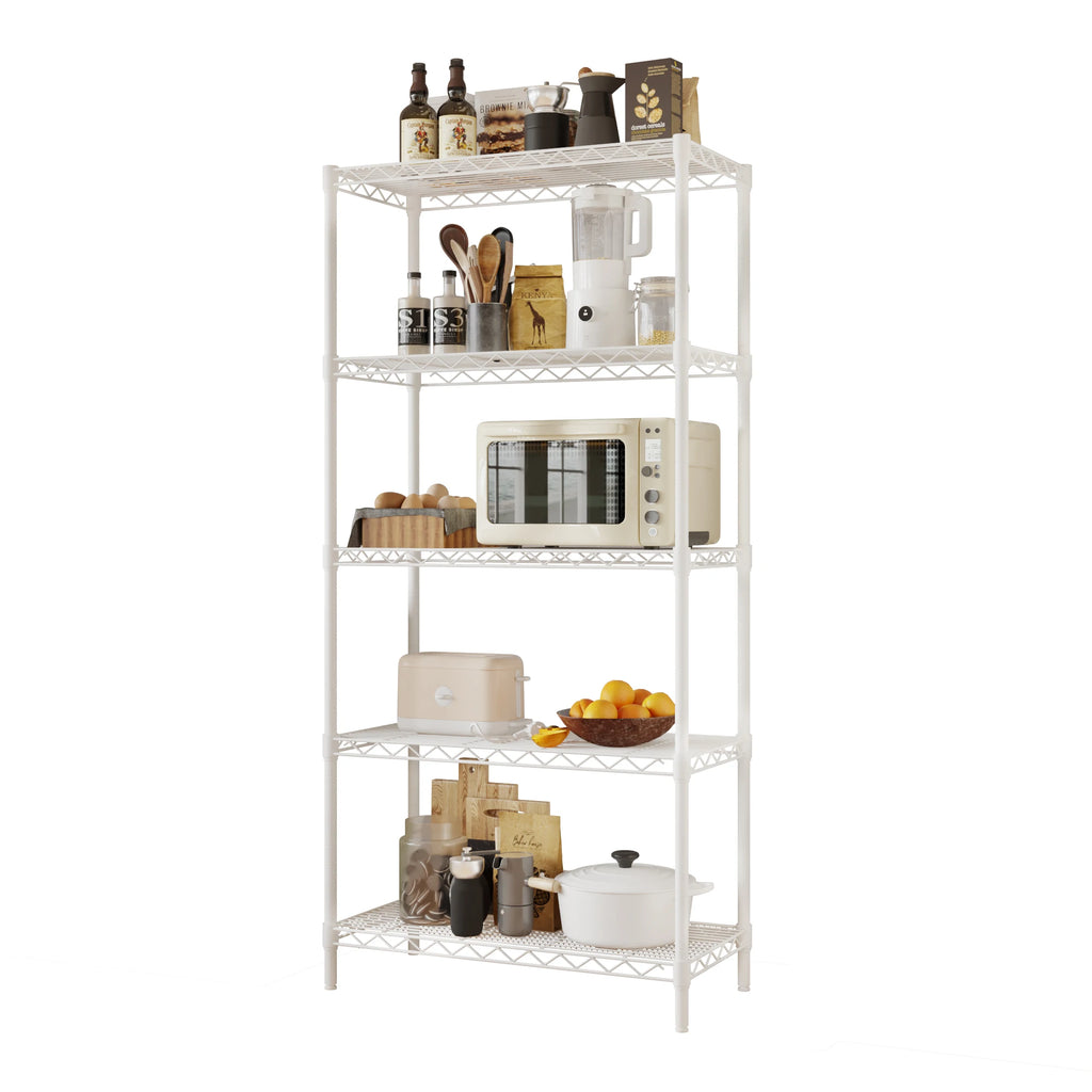 five-layer display stand without wheels with adjustable feet, freely adjustable layer spacing, iron 74*34*150cm, matte white