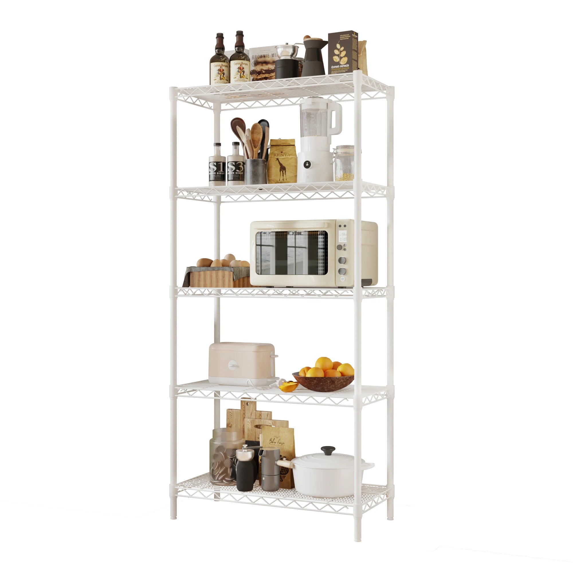 five-layer display stand without wheels with adjustable feet, freely adjustable layer spacing, iron 74*34*150cm, matte white